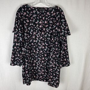 Lane Bryant Size 26/28 Floral Blouse V-Neck 3/4 Sleeve Tiered Ruffles Black Pink